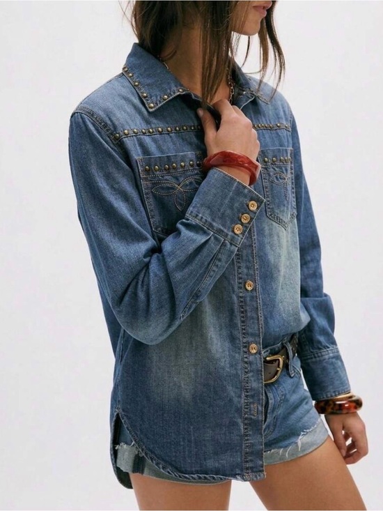 Tops - Studded Western Denim Shirt - Blue